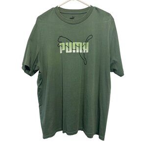 Puma Mens Olive Green Logo Graphic T-Shirt Size L Cotton Casual Wear Short Sleev